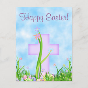 Roze Kruis en Bloemen Happy Easter Briefkaart