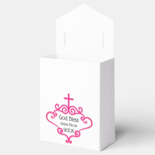 Roze Kruis en Scroll Baptisme Bedankdoosjes (Geopend)