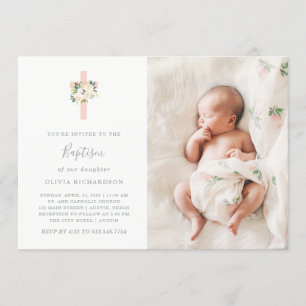Roze Kruis en Witte Bloemen   Fotomeisje Baptisme Kaart