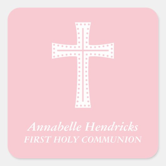 Roze Kruis Meisjes Eerste Communie Vierkante Sticker (Voorkant)