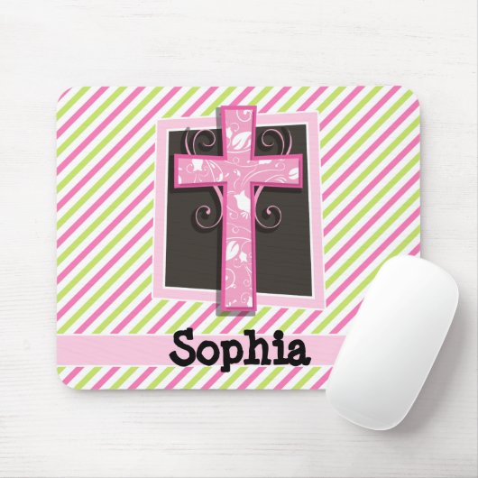 Roze Kruis op Roze & Lime Groene Strepen Muismat (Met muis)