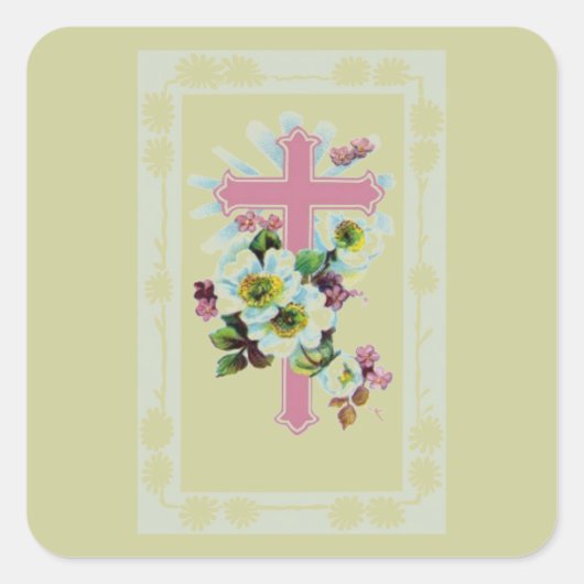 Roze kruis vierkante sticker (Voorkant)