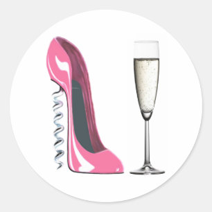 Roze Kurkentrekker Stilettoschoen en champagneglas Ronde Sticker