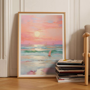 Roze Kust Schilderij Pastelkleur Strand Print Past