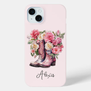 Roze Laarzen met Gebloemde Initialen iPhone 15 Mini Hoesje
