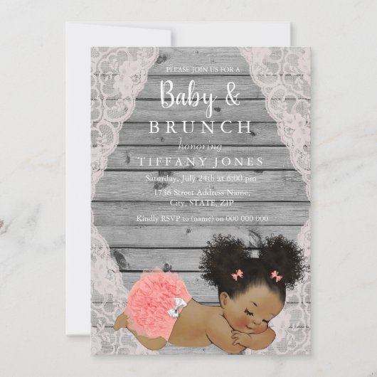 Roze Lace Rustic Baby Brunch Invite Kaart (Voorkant)