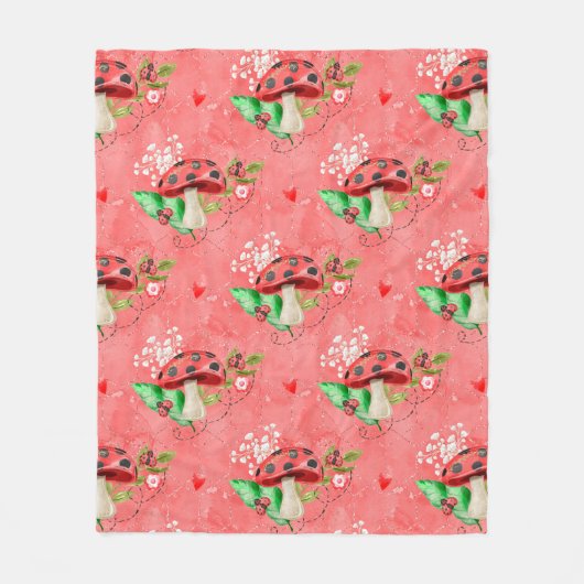 Roze ladybug en paddenstoelpatroon fleece deken (Voorkant)