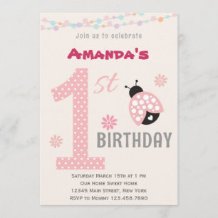 Roze Ladybug First Birthday Party Invitation Kaart
