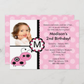 Roze Ladybug Foto Birthday Invitation Kaart (Voorkant / Achterkant)