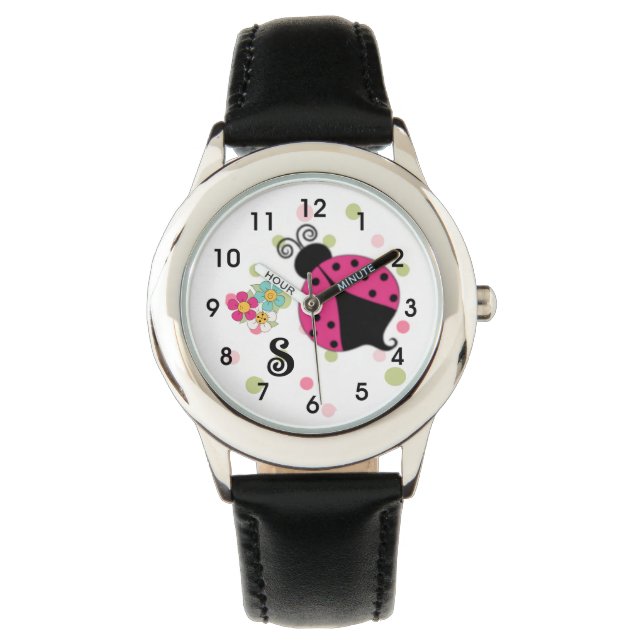 Roze Ladybug Monogram Horloge (Voorkant)