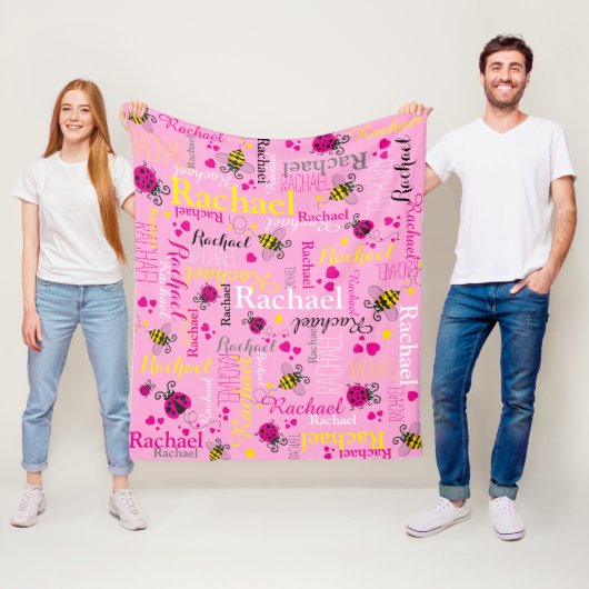 Roze ladybugs bij- en hartenmeisjes, aangepaste na fleece deken (In situ)