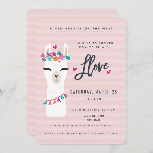Roze lama-baby shower Uitnodiging // lama-liefde (Voorkant / Achterkant)