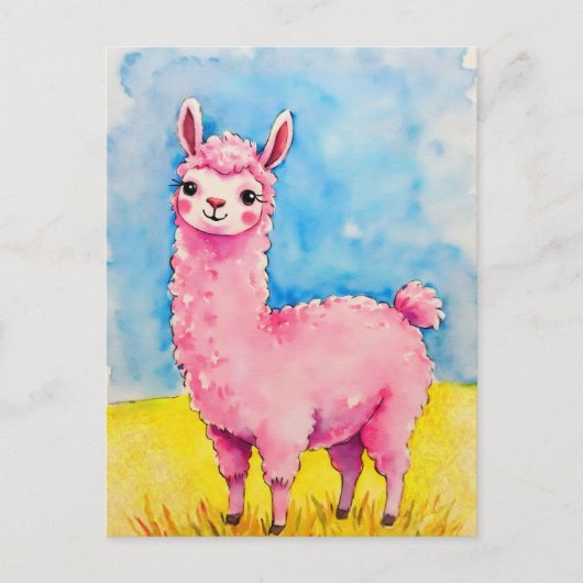 Roze lama tegen een blauwe hemel briefkaart (Voorkant)
