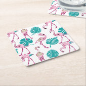 Roze lamingos vierkante kartonnen onderzetter (Schuin)