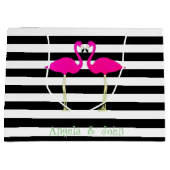 Roze lamingos, zwarte witte strepen, op maat gesne large cadeauzakje (Voorkant)