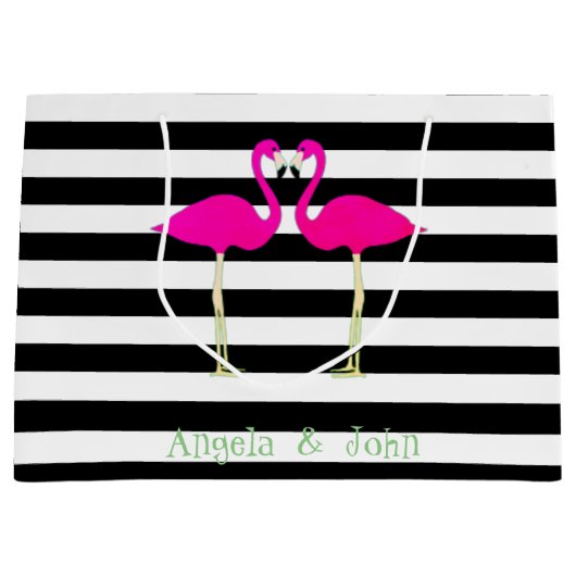 Roze lamingos, zwarte witte strepen, op maat gesne large cadeauzakje (Voorkant)
