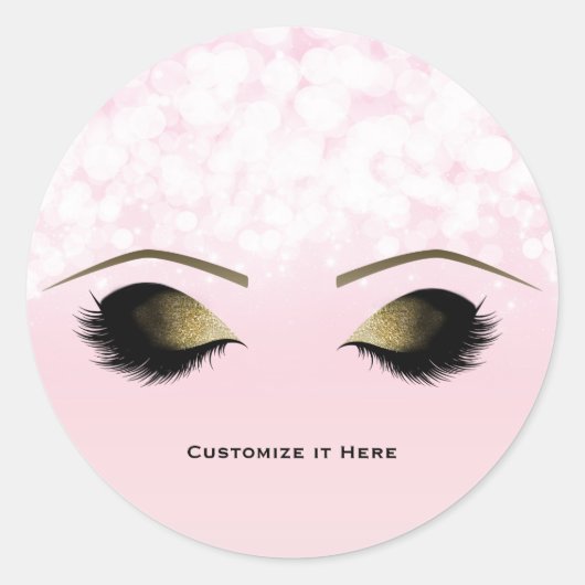 Roze lampjes Glam Gold Makeup Eyelashes Sparkle Ronde Sticker (Voorkant)