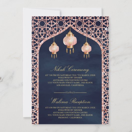 Roze Lantaarns Marine Blauw Roos Goud Moslim Bruil Kaart (Achterkant)