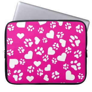 Roze Laptop Hoesje met Witte Poot Prints Patroon Sleeve