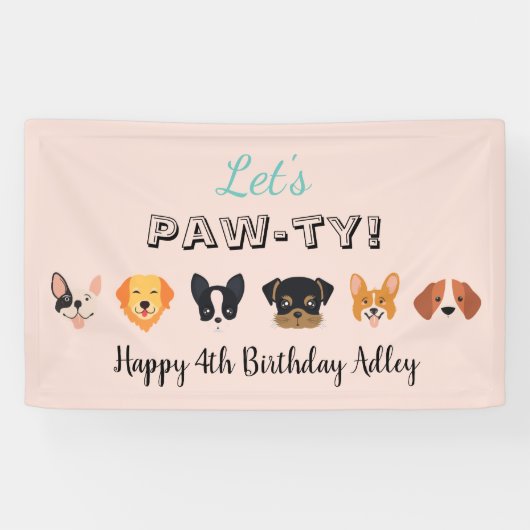 Roze Laten we Paw-ty Dog Birthday Party Spandoek (Horizontaal)