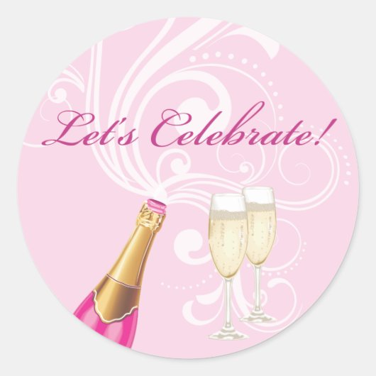 Roze "Laten we vieren!" Champagne Sticker (Voorkant)