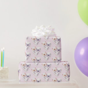 Roze Lavendel Bloemhart Vlinders Verjaardag Cadeaupapier