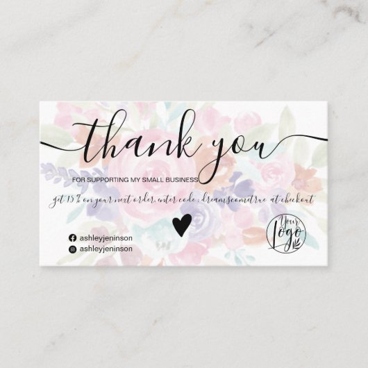 Roze lavendel bloemige waterverf orde dank u visitekaartje (Voorkant)