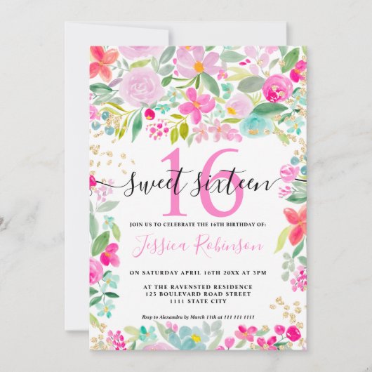 Roze lavendel los bloemengoud script Sweet 16 Kaart (Voorkant)