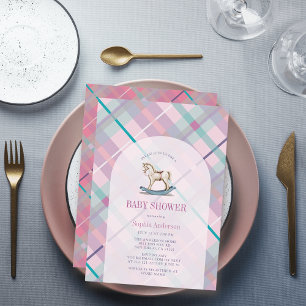 Roze Lavendel Plaid Rocking Horse Girl Baby shower Kaart