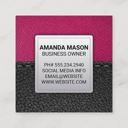 Roze leer | Gestikt leer Vierkante Visitekaartje (Achterkant)