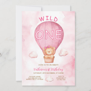 Roze Leeuw Wild One Heet Luchtballon Verjaardag Kaart