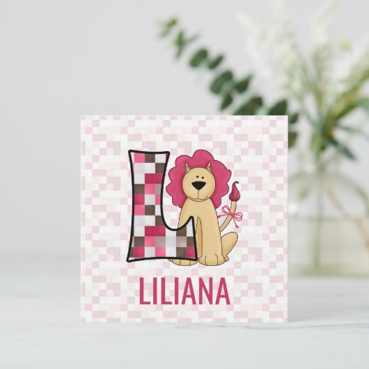 Roze leeuwenkast L Kinderen Birthday Partij Kaart (Staand voorkant)