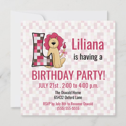 Roze leeuwenkast L Kinderen Birthday Partij Kaart (Achterkant)