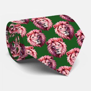 Roze Leeuwenkop Dier Patroonontwerp Groen Stropdas