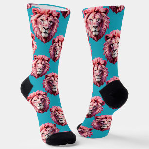 Roze Leeuwenkop Dierpatroon Ontwerp Blauw Sokken