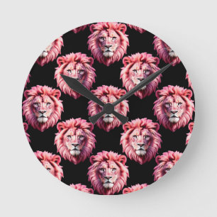 Roze Leeuwenkop Dierpatroon Ontwerp - Zwart Ronde Klok