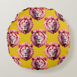 Roze Leeuwenkop Dierpatroonontwerp Geel Rond Kussen