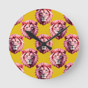 Roze Leeuwenkop Dierpatroonontwerp Geel Ronde Klok