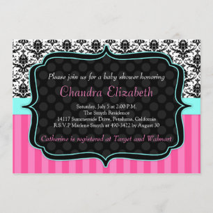 Roze, legant, Damask Baby shower Invitation Kaart