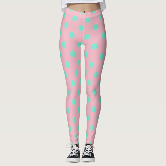 Roze Leggings met Blauwgroen pooldots (Voorkant)