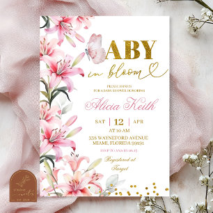Roze lelie bloem vlinder baby in bloei uitnodiging