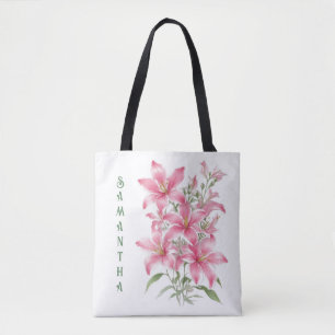 Roze Lelie Bloemen gepersonaliseerd Draagtas
