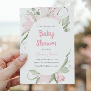 Roze lelie bloemen groene bladeren baby shower kaart