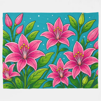 Roze leliebloemen met groene bladillustratie fleece deken