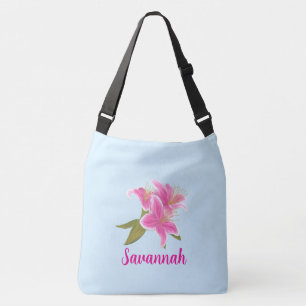 Roze Lelies op Blauwe Achtergrond Crossbody Tas