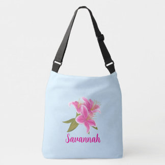 Roze Lelies op Blauwe Achtergrond  Crossbody Tas
