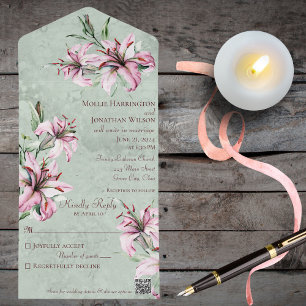 Roze Lelies op Noodlijdende Sage Groen met QR Code All In One Uitnodiging