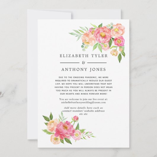 Roze lente bruiloft bloemstuk gereduceerde gastenl aankondiging (Voorkant)