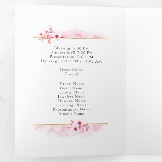 Roze lenteskers bloesem quinceañera tri-vette in drieluik uitnodiging (Binnenzijde eerst)