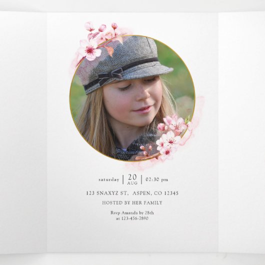 Roze lenteskers bloesem quinceañera tri-vette in drieluik uitnodiging (Binnenkant midden)